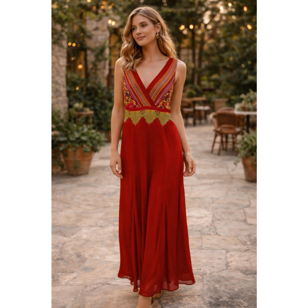 Vintage Y2K Bandolino Red Paisley Maxi Dress Size 4